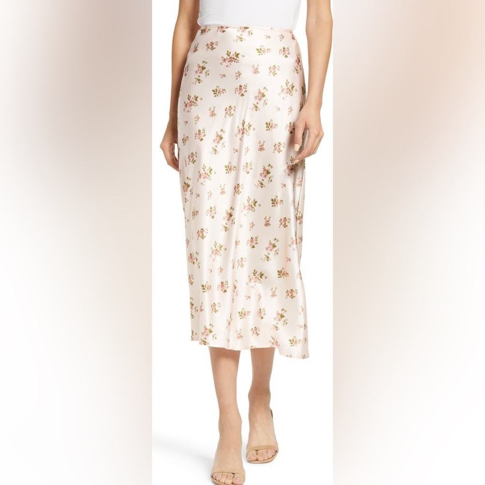 Reformation Pink Pratt Floral Print Silk Satin Midi Skirt